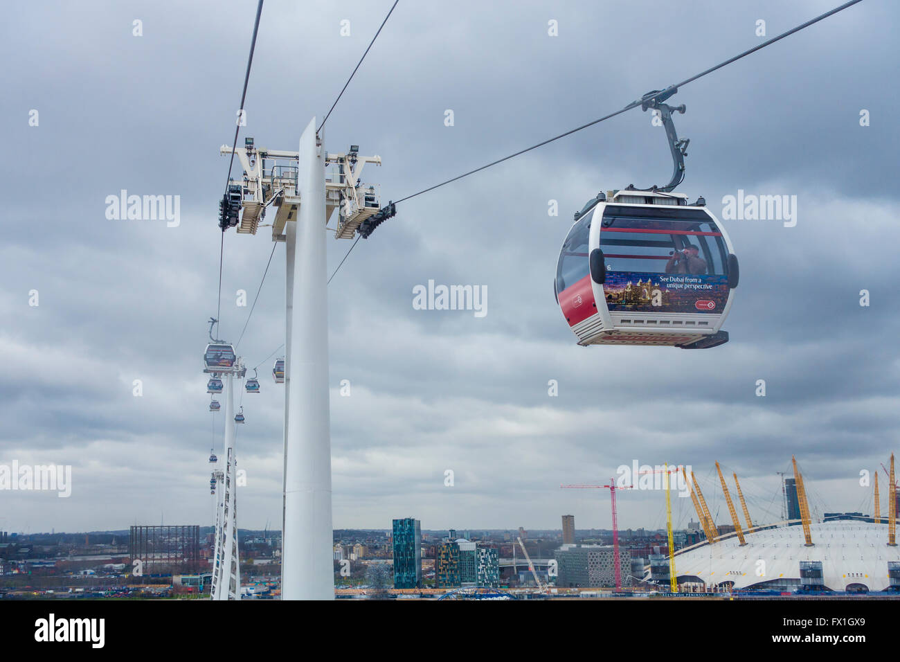 Emirates Air Line (cable car) also known as Sky Train.  Crossing the River Thames at Greenwich London Stock Photo