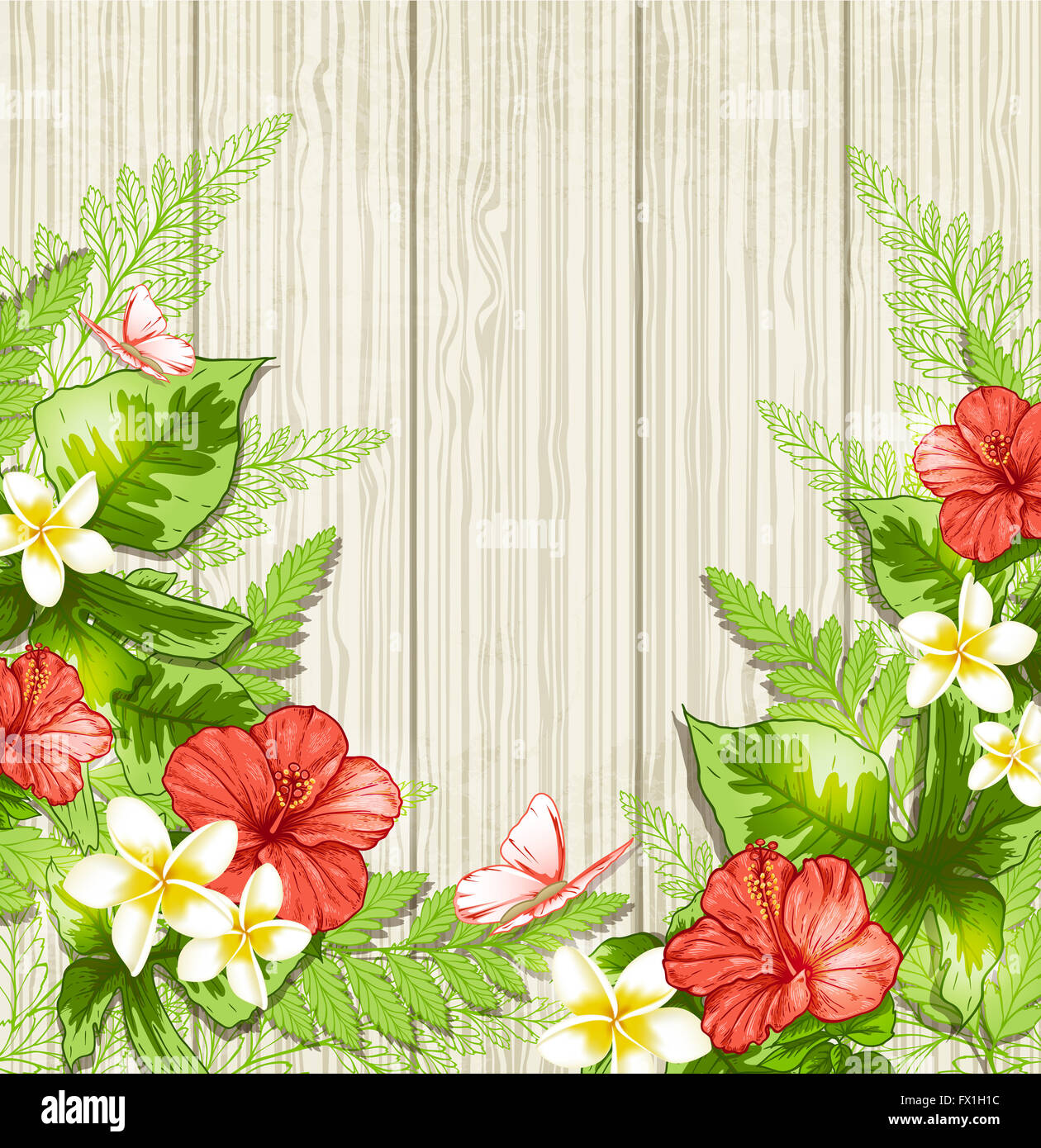 Summer background with red tropical flowers and leaves Stock Photo - Alamy