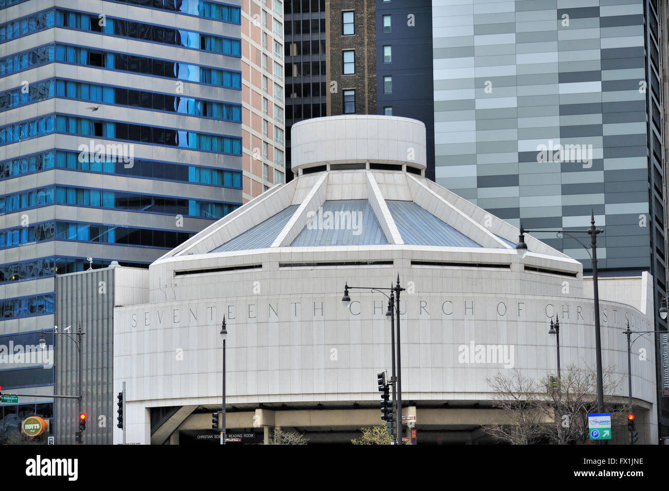 The Seventeenth Church of Christ in Chicago was built in 1968.  The Christian Scientist church has an award-winning style. Chicago, Illinois, USA. Stock Photo