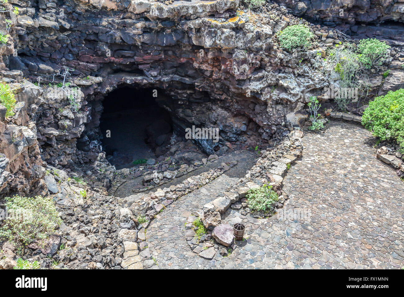 Entrance to Cueva de los Verdes, an amazing lava tube and tourist attraction on Lanzarote island, Spain Stock Photo
