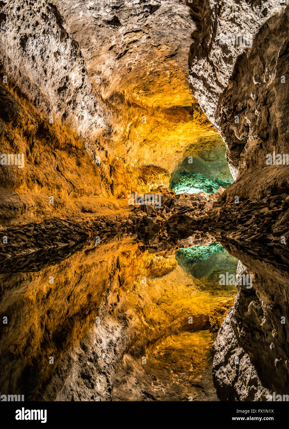 Optical illusion - water reflection in Cueva de los Verdes, an amazing lava tube and tourist attraction on Lanzarote island Stock Photo