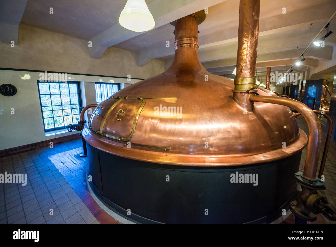 Copper brewing tank in old brewhouse in Pilsner Urquell Brewery in