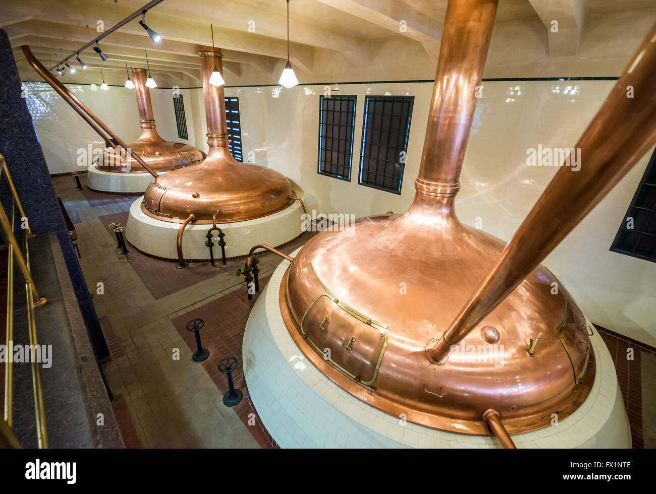 Copper brewing tank in old brewhouse in Pilsner Urquell Brewery in
