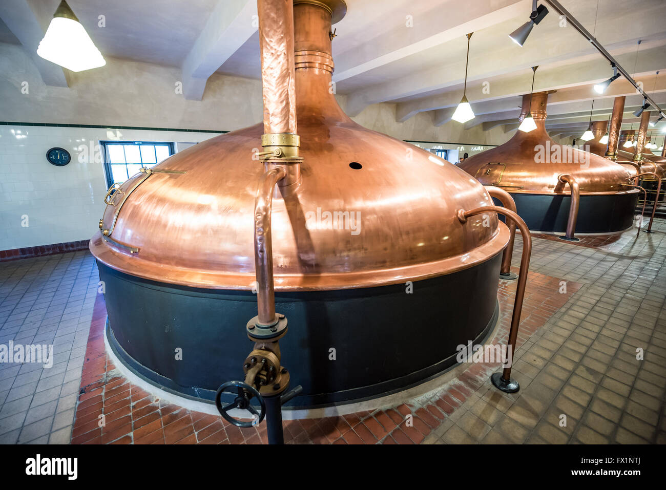 Copper brewing tank in old brewhouse in Pilsner Urquell Brewery in Pilsen city, Czech Republic Stock Photo