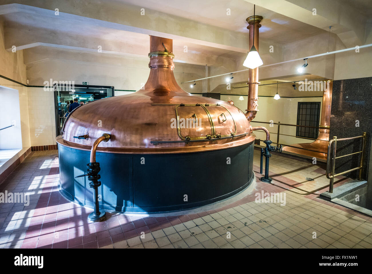 Copper brewing tank in old brewhouse in Pilsner Urquell Brewery in