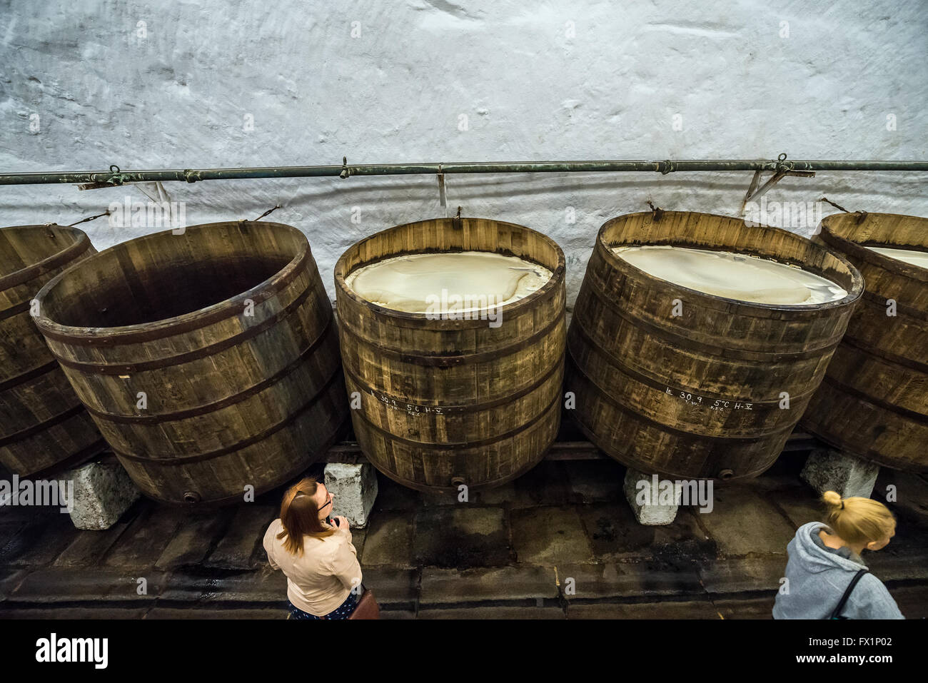 Wooden open fermentation barrels in the historical cellars of Pilsner Urquell Brewery in Pilsen city, Czech Republic Stock Photo