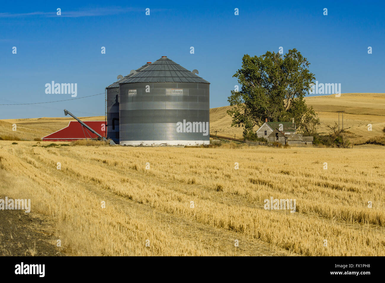 Metal grain bins in a wheat field on a farm in eastern Washington