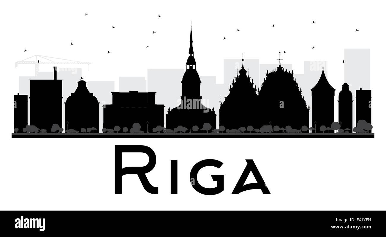 Riga City skyline black and white silhouette. Vector illustration ...