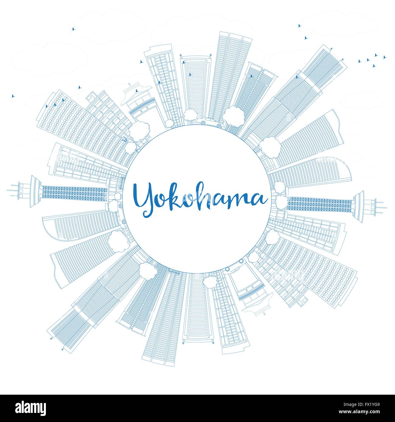Outline Yokohama with Blue Buildings and Copy Space. Vector Illustration. Business and Tourism Concept with Modern Buildings. Stock Vector