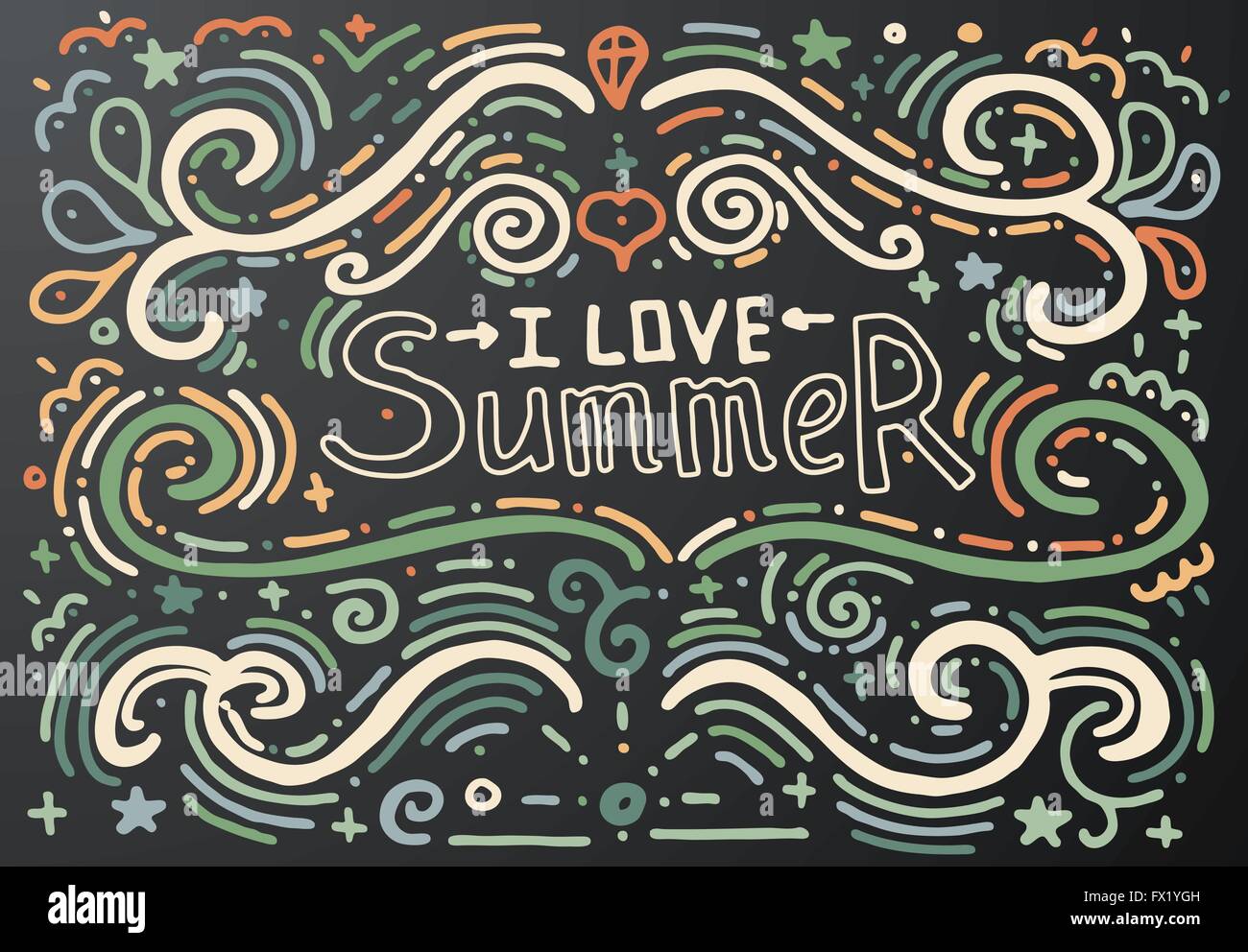 I love summer. Hand drawn vintage print with decorative outline text. Vintage background. Vector illustration. Isolated on black Stock Vector