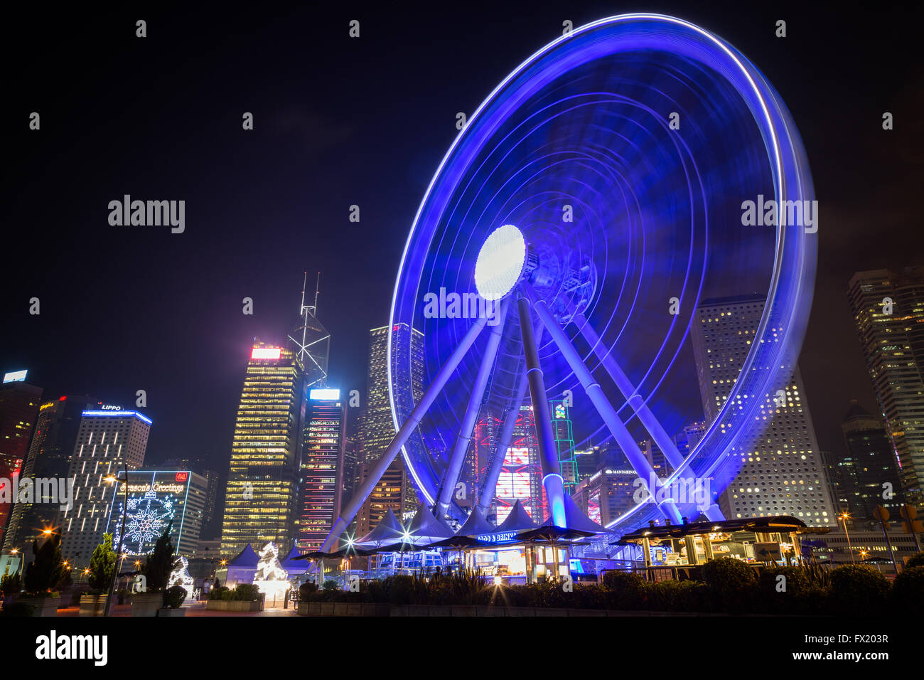 Illuminated Hong Kong Observation Wheel at night in the Central Hong Kong, China. Stock Photo