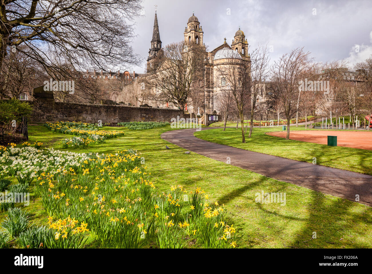Spring in West Princes Street Gardens, Edinburgh, looking towards St Cuthbert's Parish Church