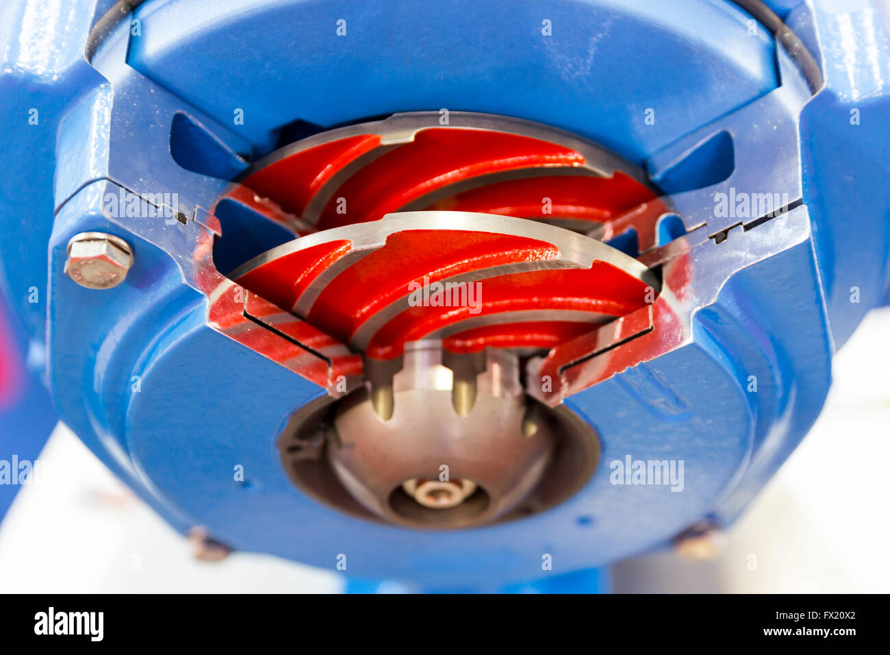 Inside view of a real model of a sliced water turbine. Blades. A water