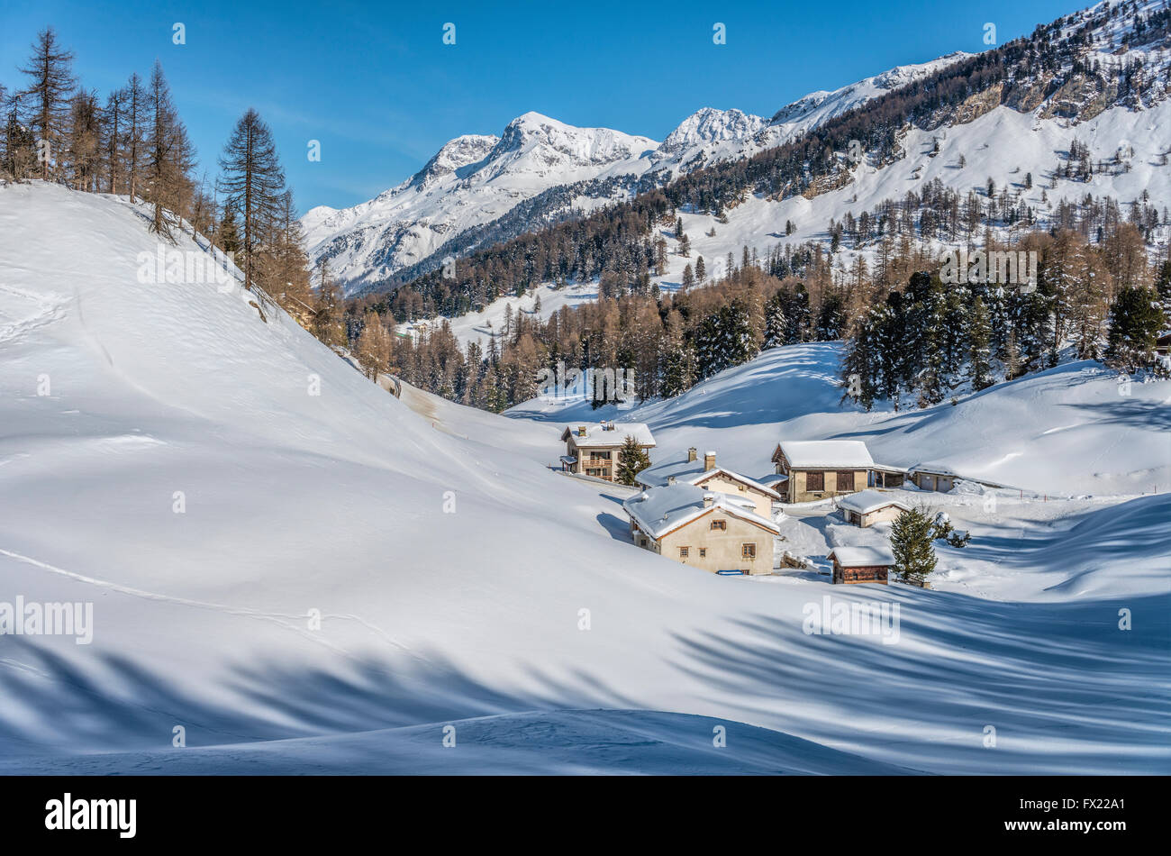 Winter Landscape in Val Fex in the Engadine, Grisons, Switzerland Stock ...