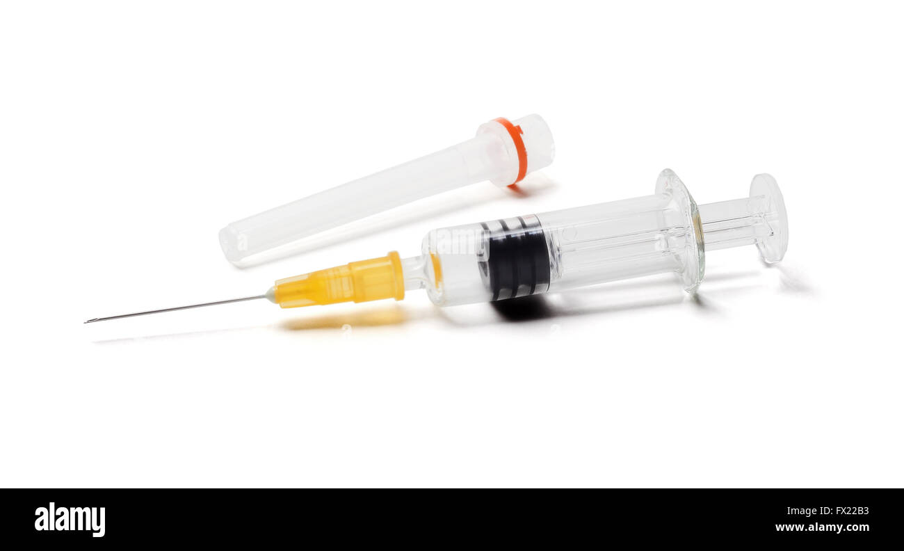 Disposable Hypodermic Needle and Syringe on White Background Stock Photo