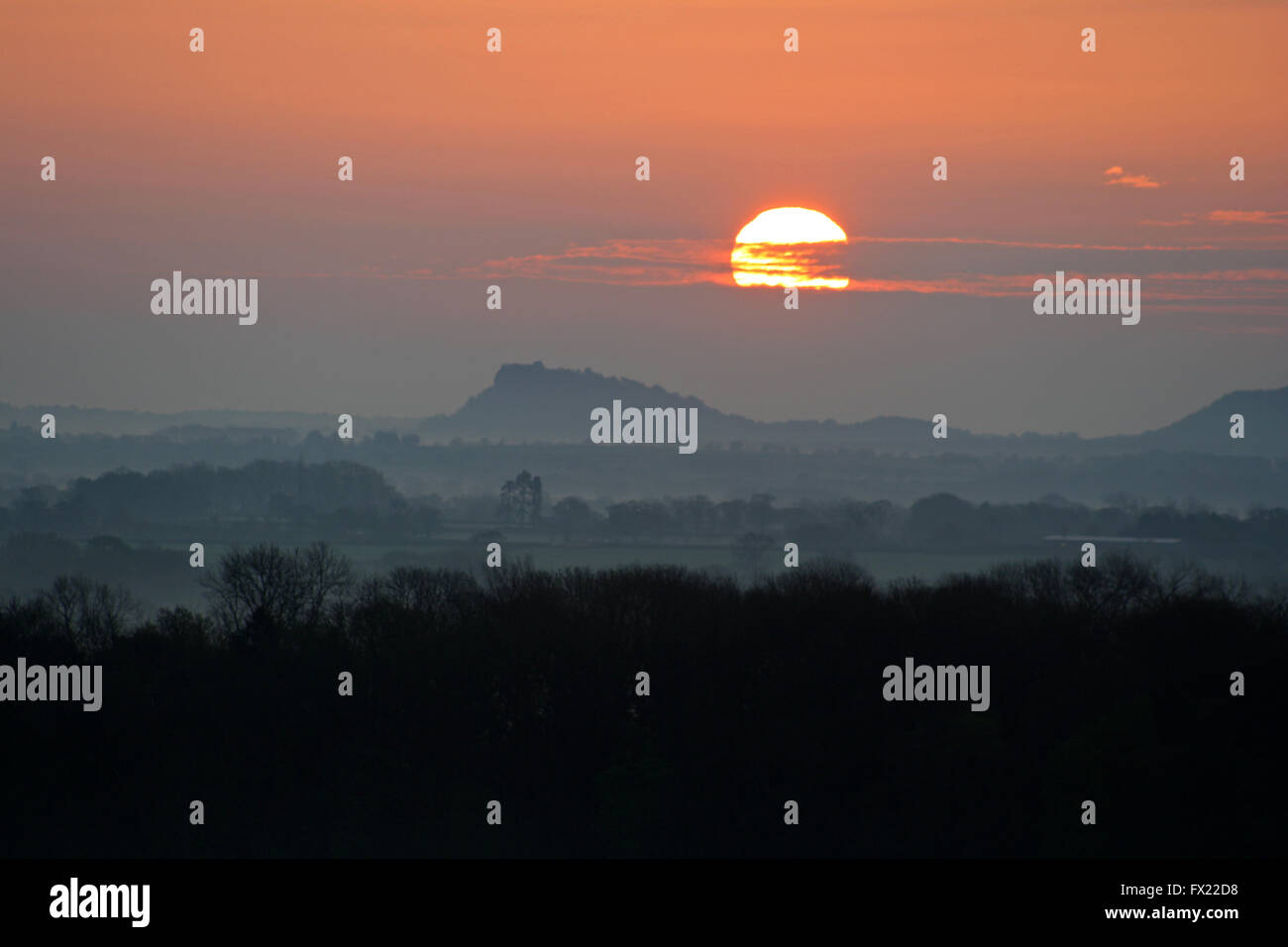 Sunrise over Beeston Castle and Cheshire plains from Borras Head Wrexham Wales Stock Photo Alamy
