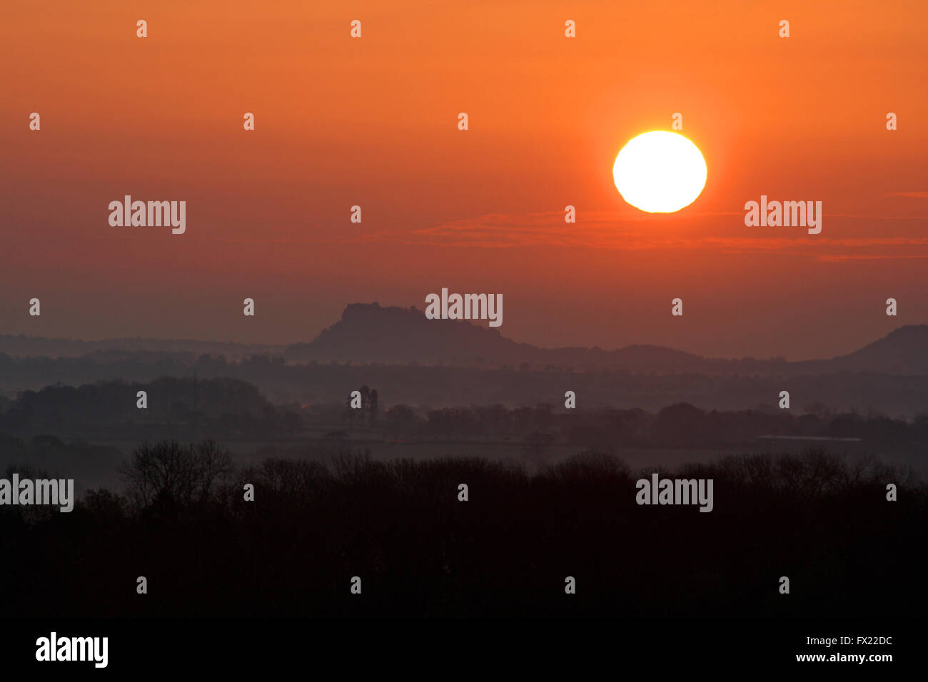 Sunrise over Beeston Castle and Cheshire plains from Borras Head Wrexham Wales Stock Photo Alamy