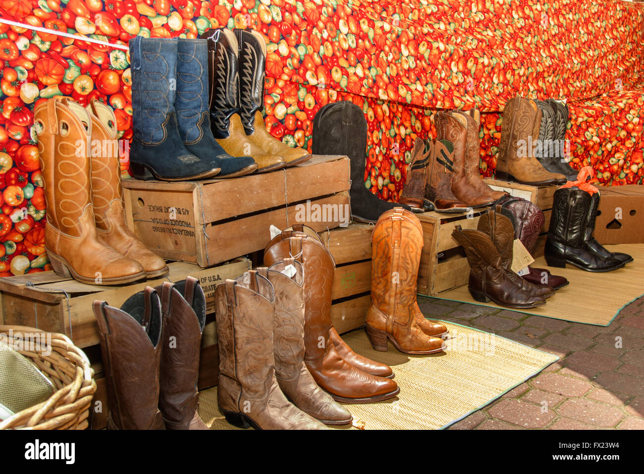 WESTERN BOOTS, RICHMOND, VIRGINIA, USA - JULY, 2013.  Cowboy styled boots on sale at the Richmond Tomato Festival. Stock Photo
