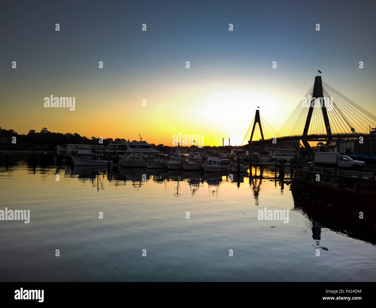 Sunset near the Sydney Fish Market, overlooking the Anzac Bridge Stock Photo