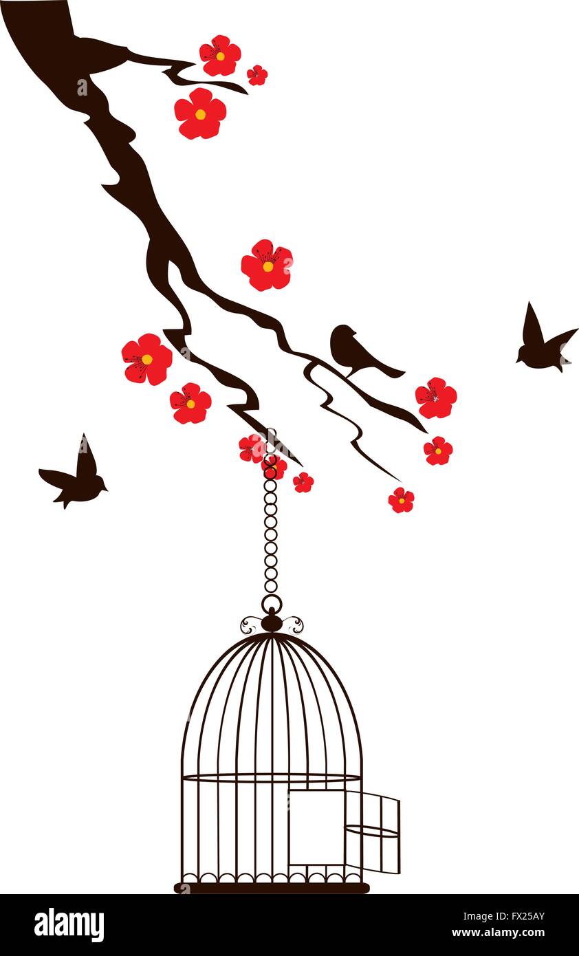 vector illustration of a floral branch with birds and a bird cage Stock ...