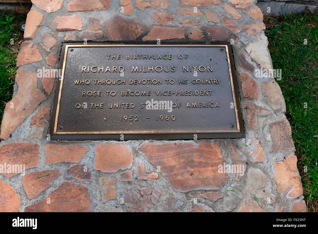 Plaque honoring Richard Nixon's election as Vice President at his birthplace in Yorba Linda, California Stock Photo