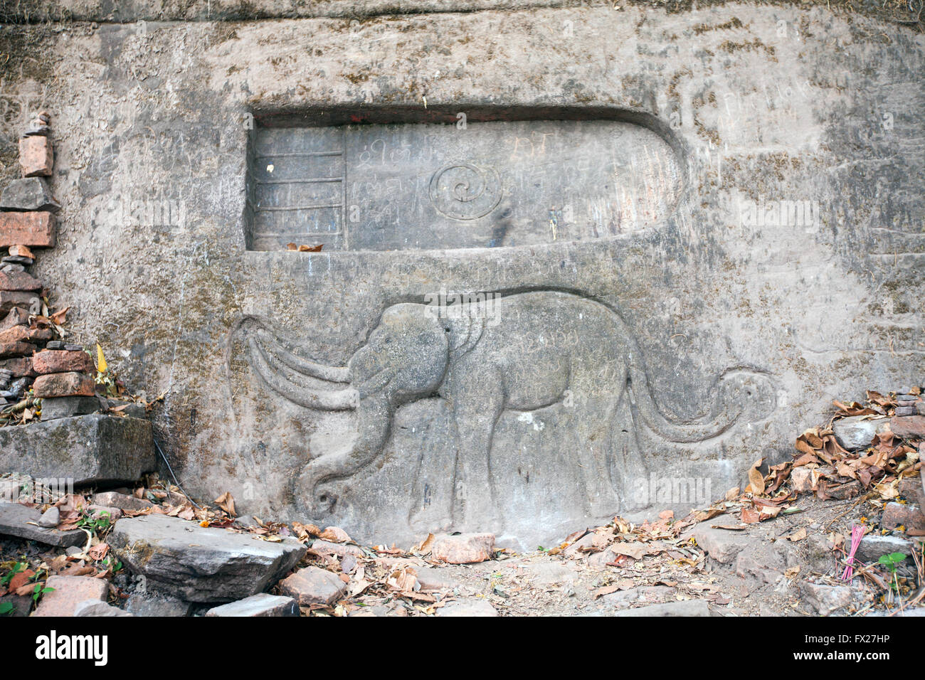 Buddha footprint in Wat Phu Champasak temple in Laos Stock Photo