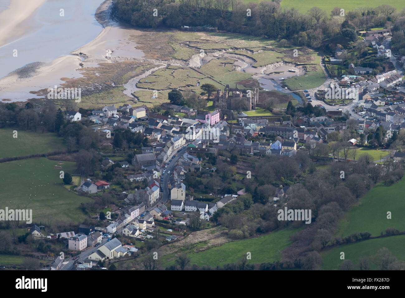 Aerial view of Laugharne, west Wales, on the River Taf estuary. Laugharne was home of poet and writer Dylan Thomas. Stock Photo