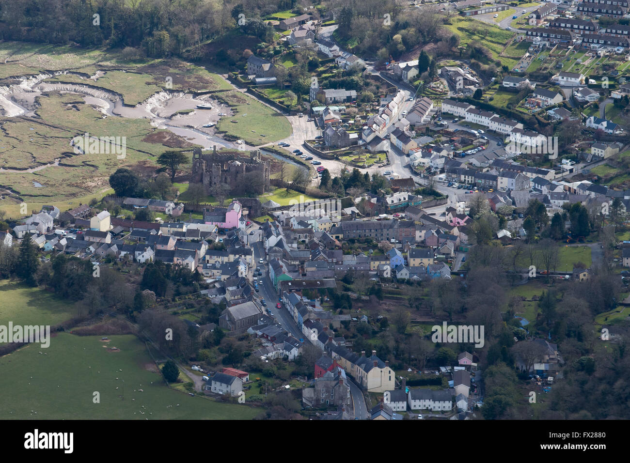 Aerial view of Laugharne, west Wales, on the River Taf estuary. Laugharne was home of poet and writer Dylan Thomas. Stock Photo