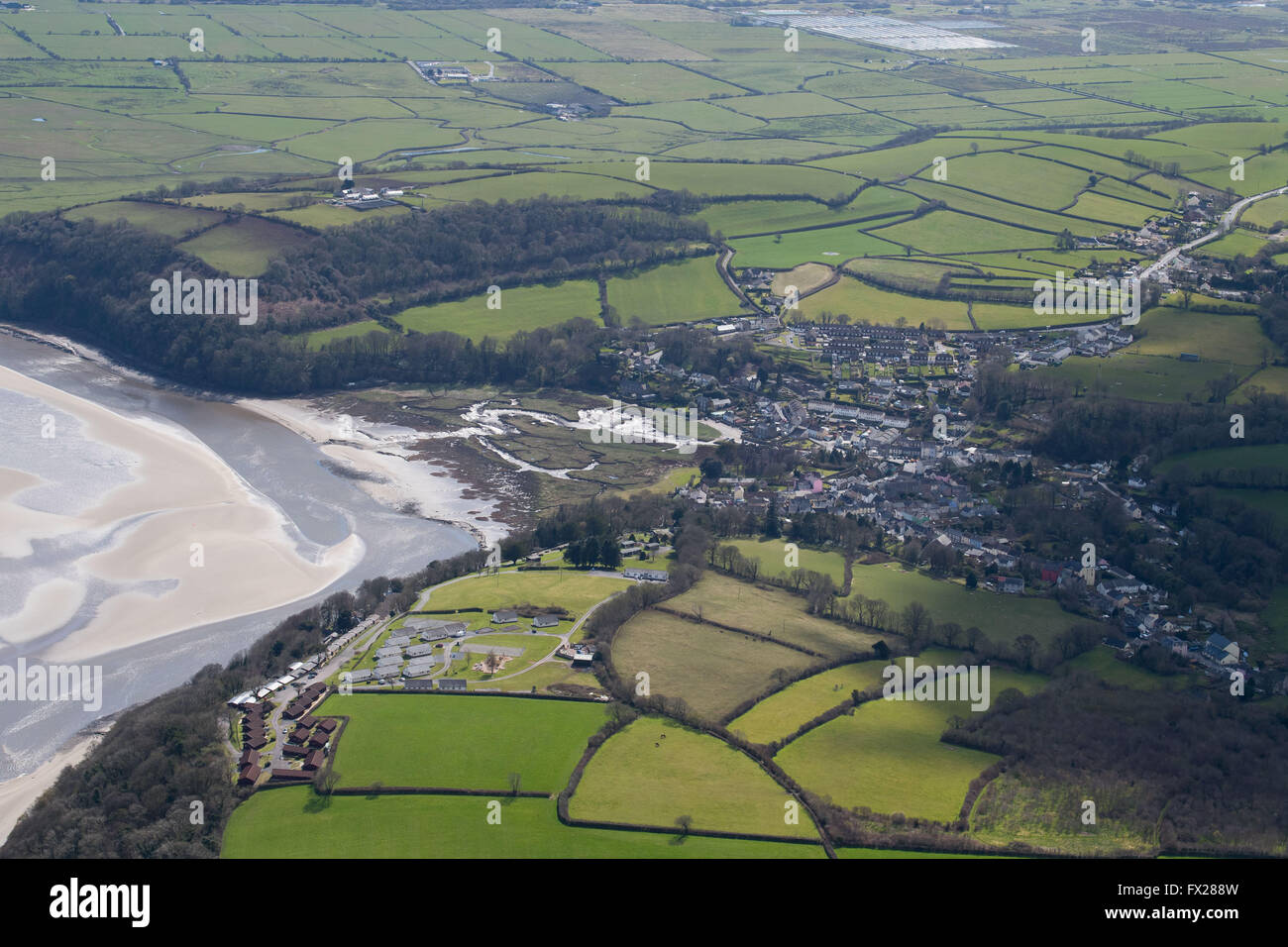 Aerial view of Laugharne, west Wales, on the River Taf estuary. Laugharne was home of poet and writer Dylan Thomas. Stock Photo