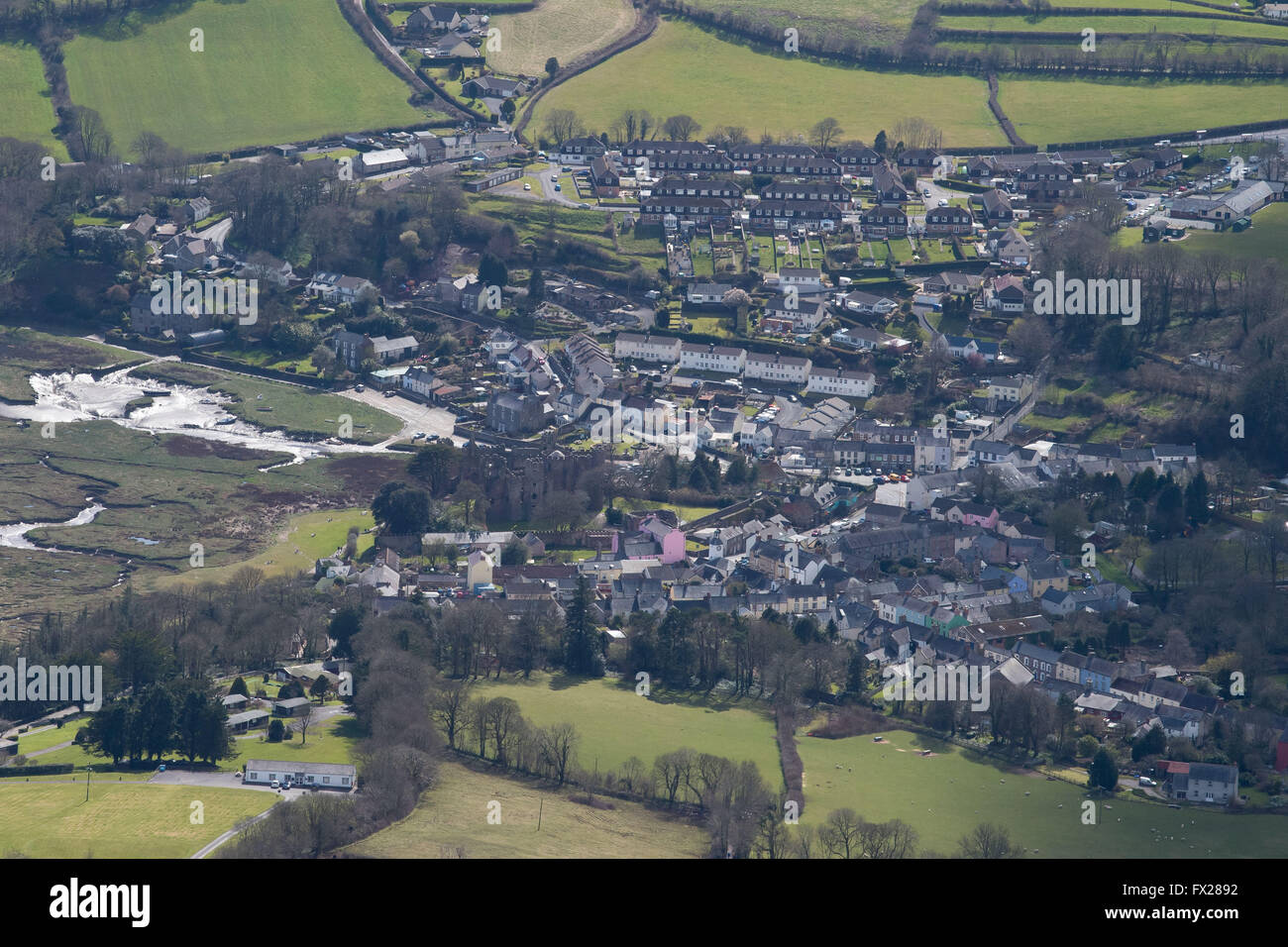 Aerial view of Laugharne, west Wales, on the River Taf estuary. Laugharne was home of poet and writer Dylan Thomas. Stock Photo