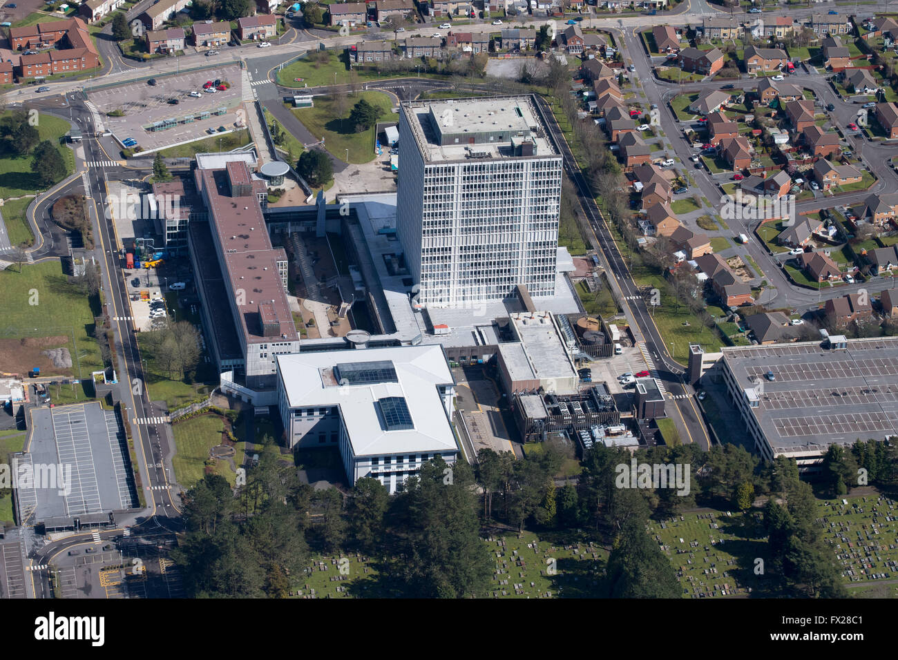 Aerial view of the DVLA (Driver and Vehicle Licensing Agency) building in Swansea, south Wales. Stock Photo