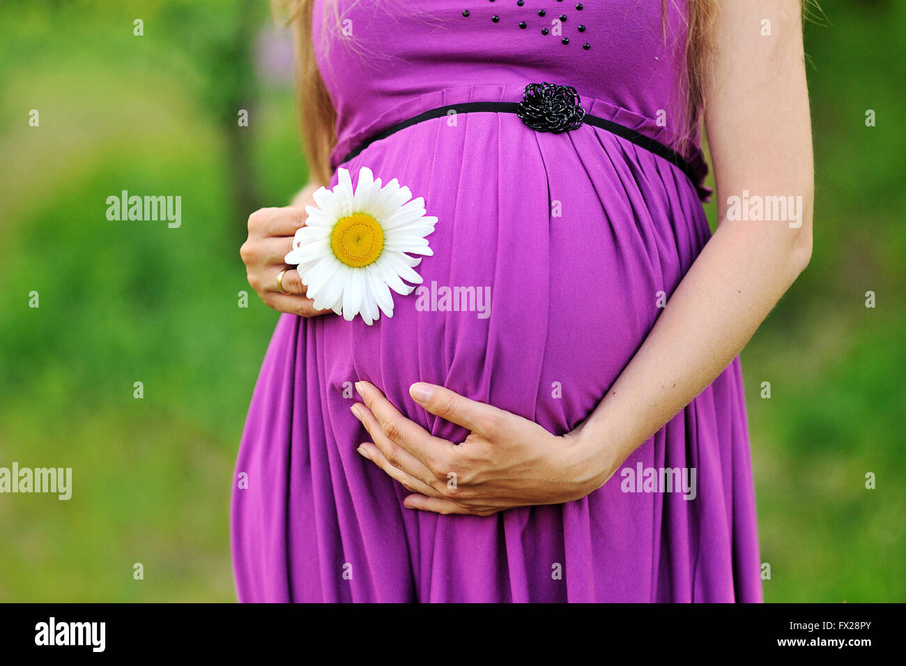 Closeup on tummy of pregnant woman enjoying summer park new life concept Stock Photo