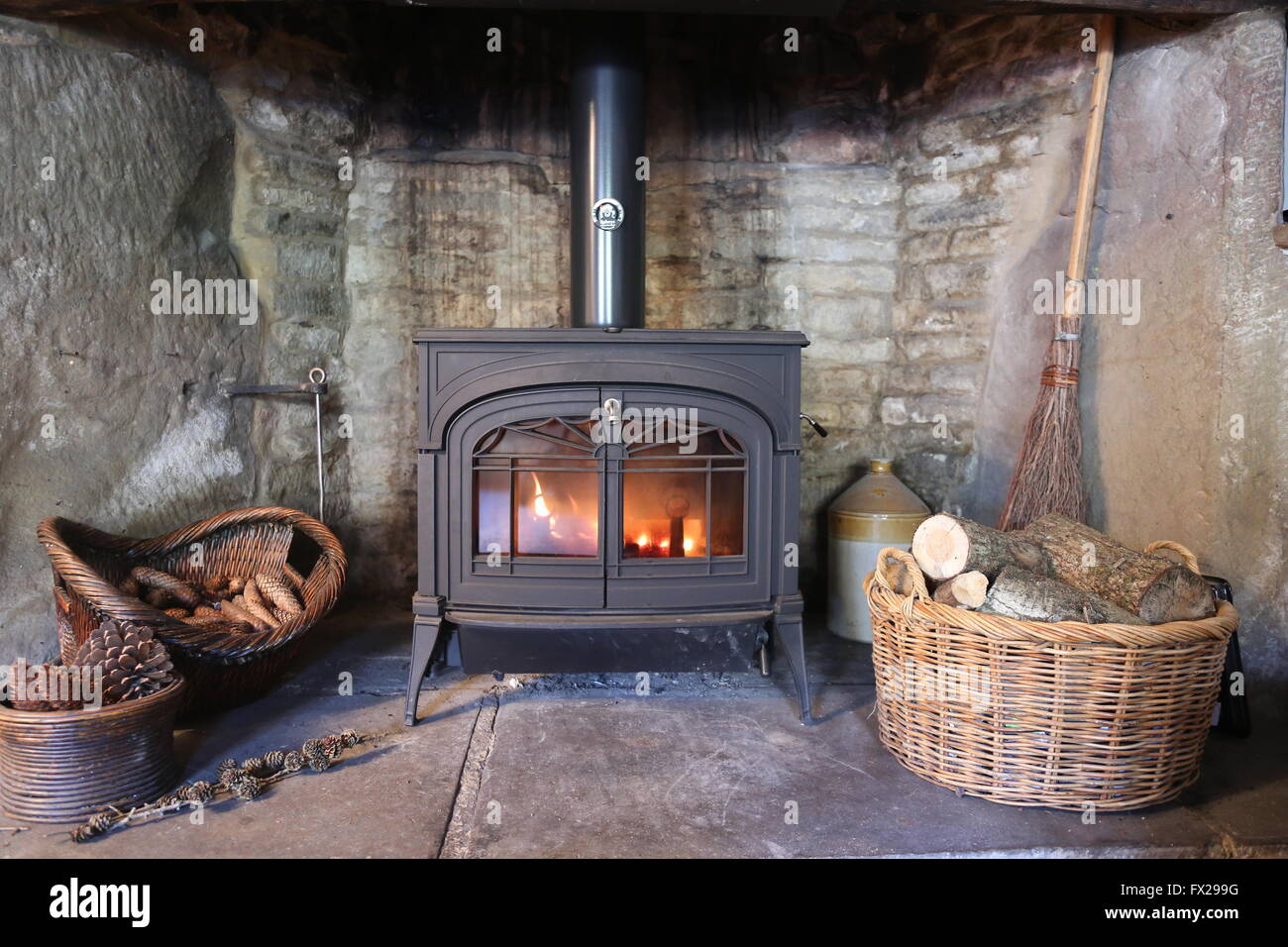 Wood Burning Stove In Inglenook Fireplace Stock Photo 102084124