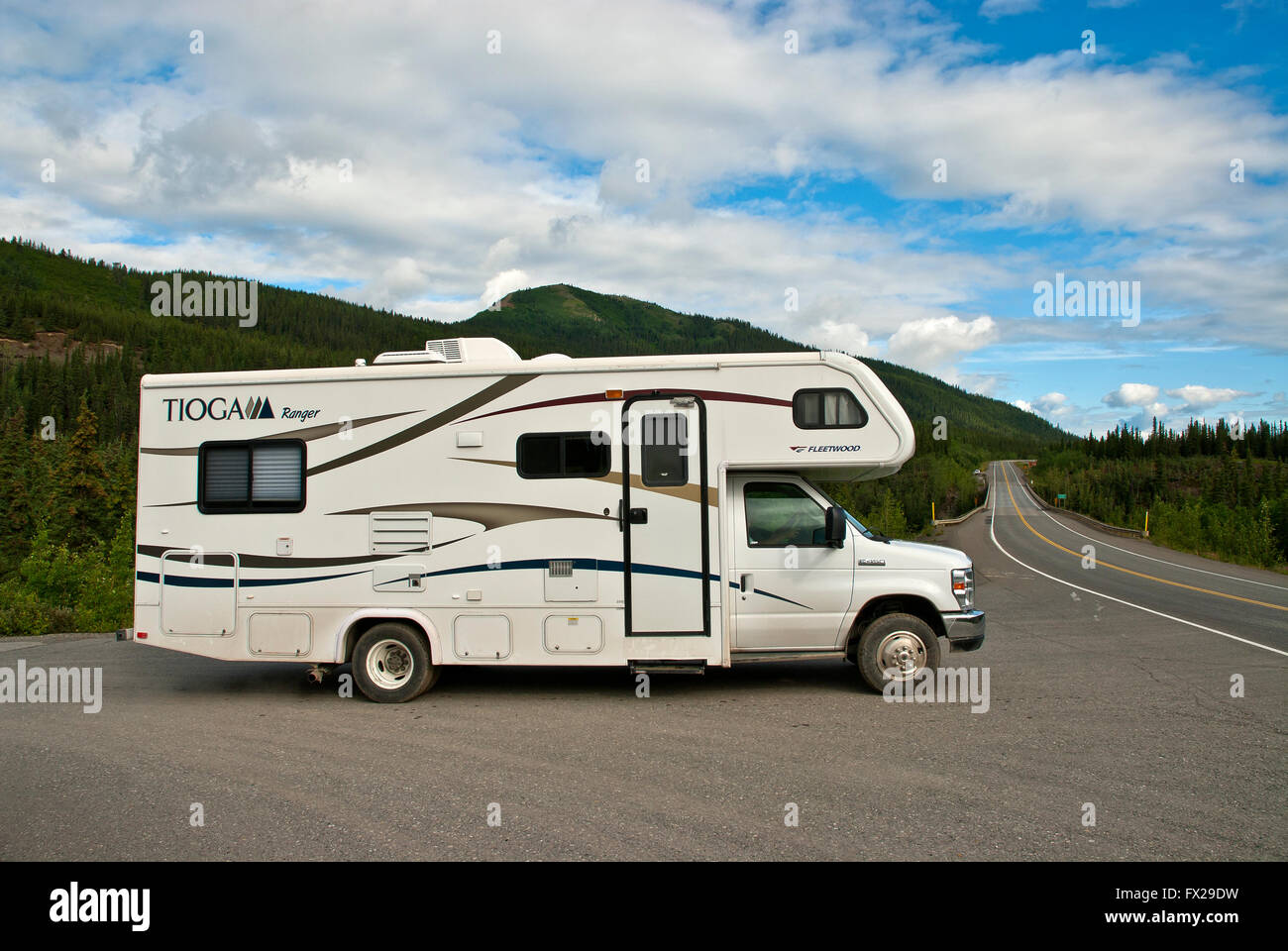 RV on road 3 ,parks hwy, Alaska, USA Stock Photo