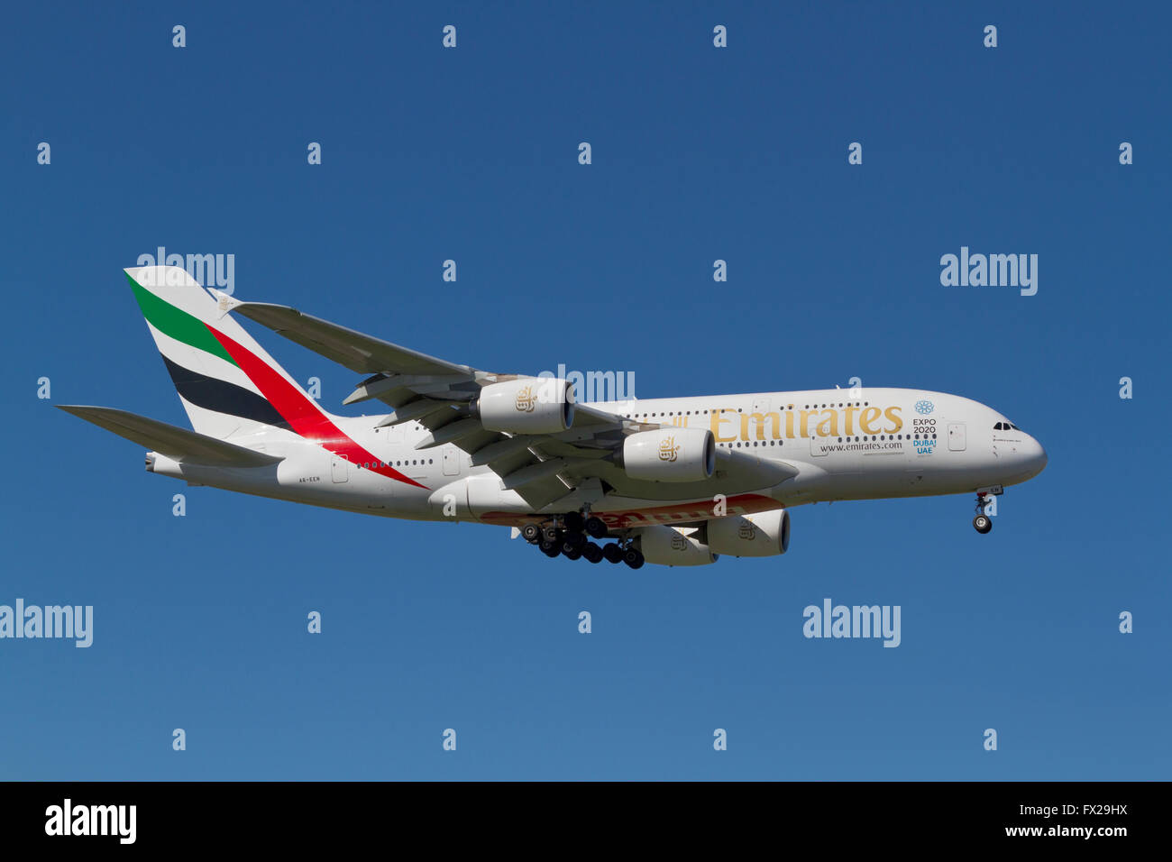 Emirates, Airbus A380-861, super jumbo jet , flight EK151 on final approach to Copenhagen Airport, Kastrup, Denmark from Dubai Stock Photo