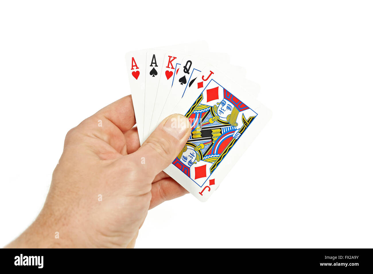 The hand of a Poker player holding one pair Stock Photo