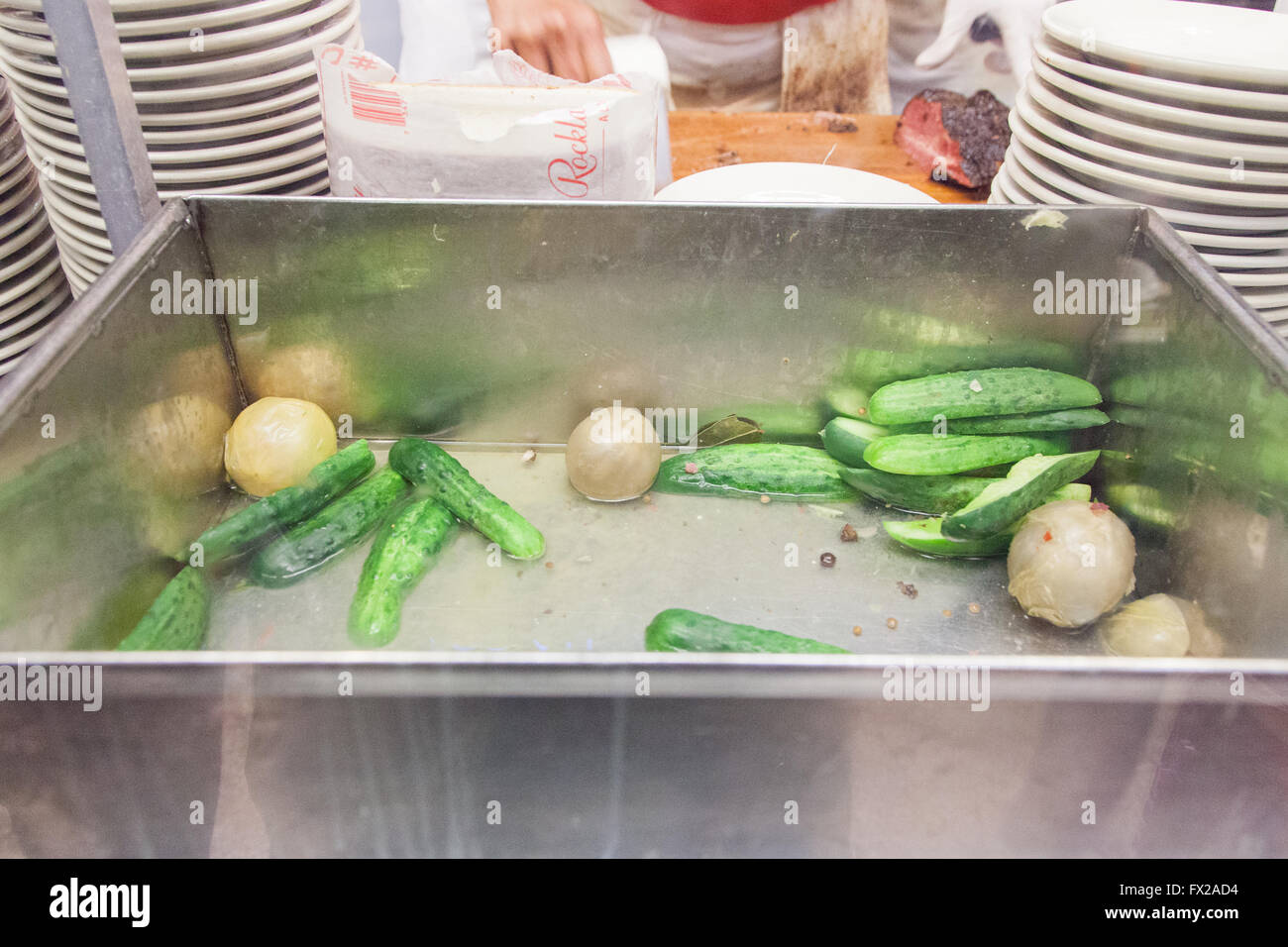 Fresh pickles at Katz's Deli, A Delicatessen diner on the Lower East