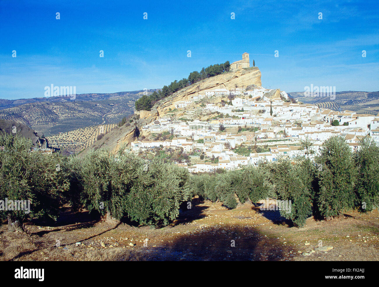 Overview and olive groves. Montefrio, Granada province, Andalucia, Spain. One of the most beautiful villages in the world. Stock Photo