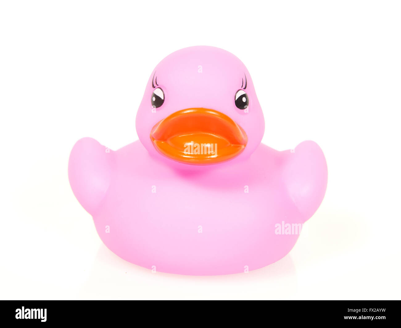 Purple rubber duck with orange lips on a white background Stock Photo