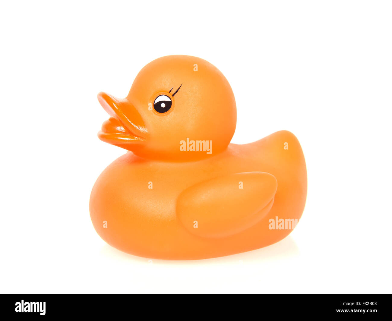 Orange rubber duck with big lips on a white background Stock Photo