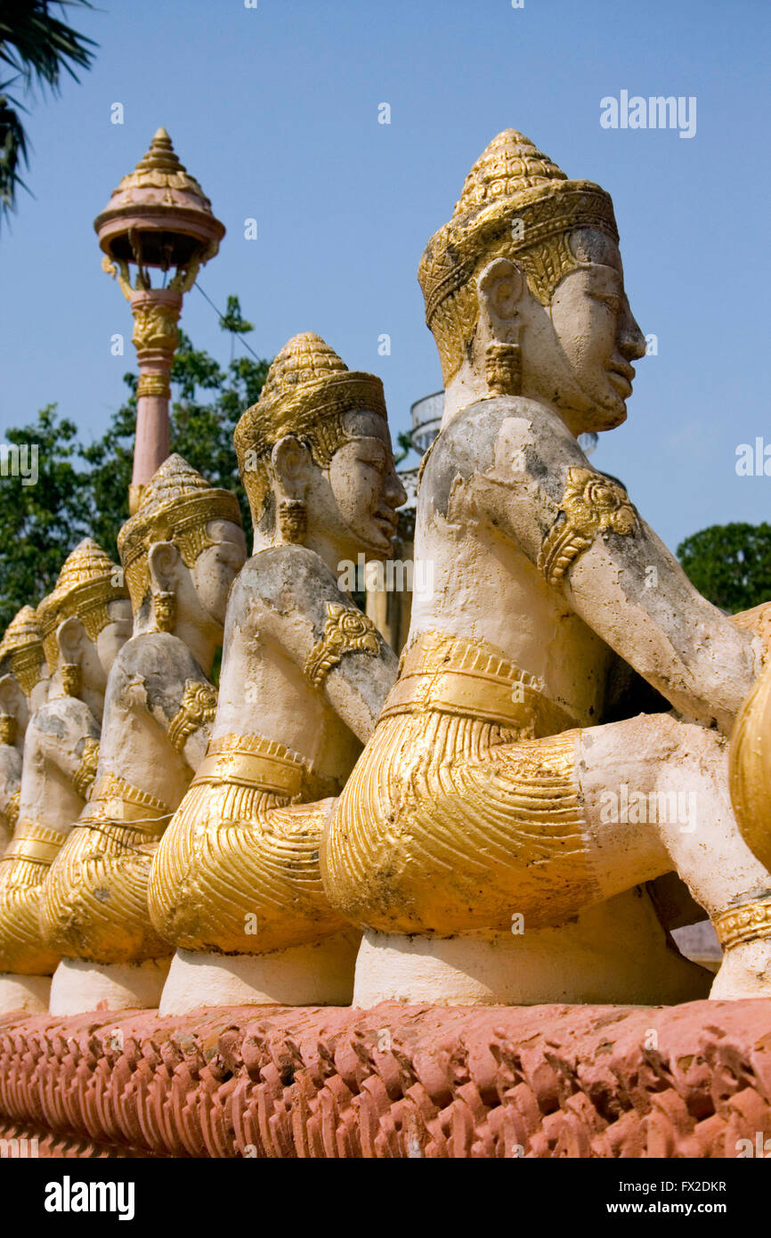 Gold Buddha statues are displayed at a Buddhist Temple in Tboung Khmum Province, Cambodia. Stock Photo