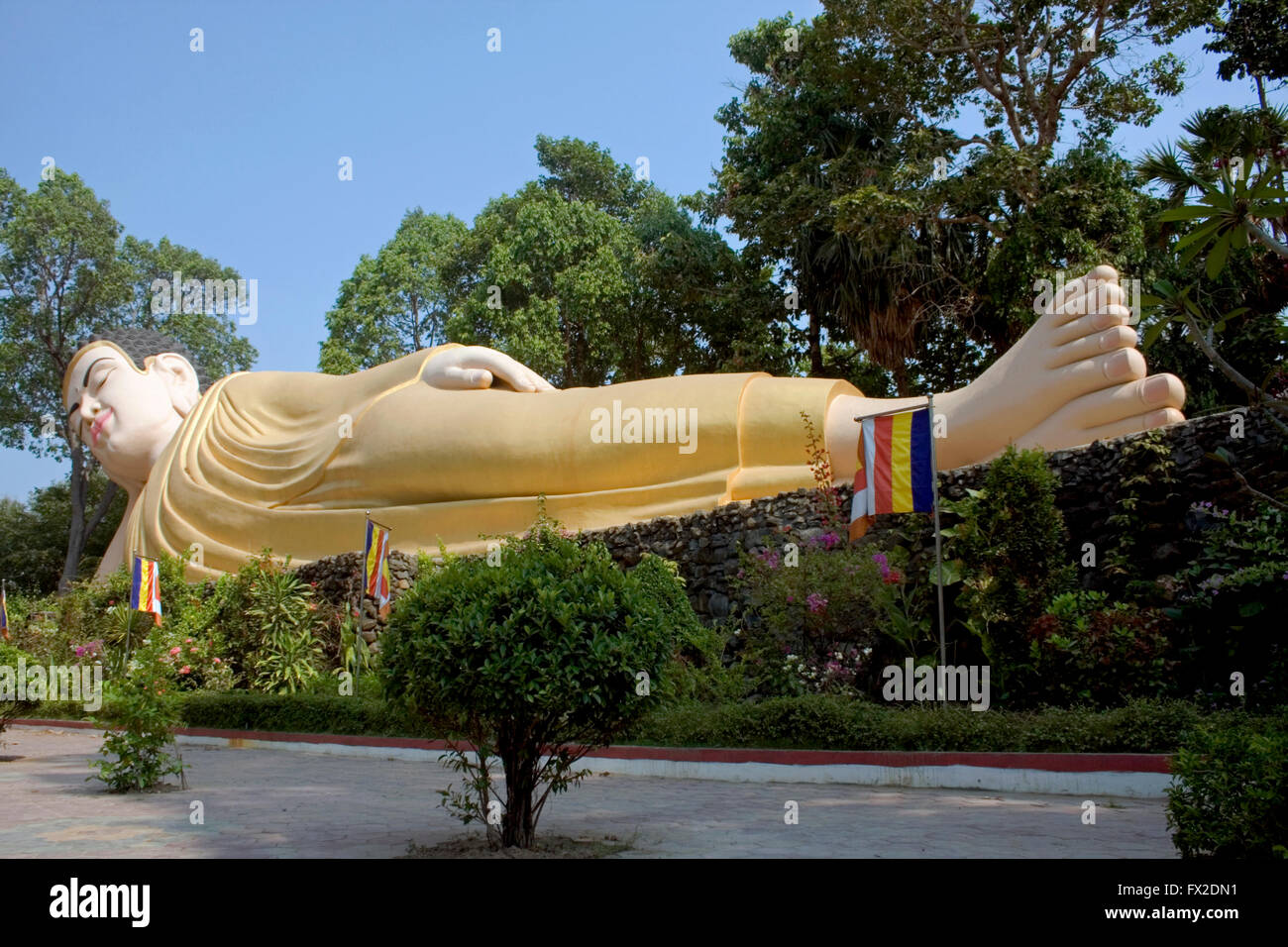 A large reclining Buddha is displayed at a Buddhist Temple in Tboung Khmum Province, Cambodia