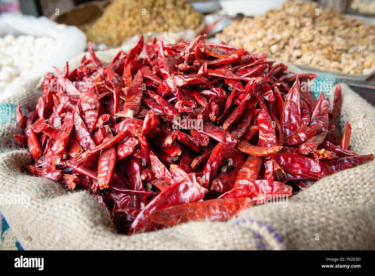 Chilies in market in Chandni Chowk, Old Delhi Stock Photo