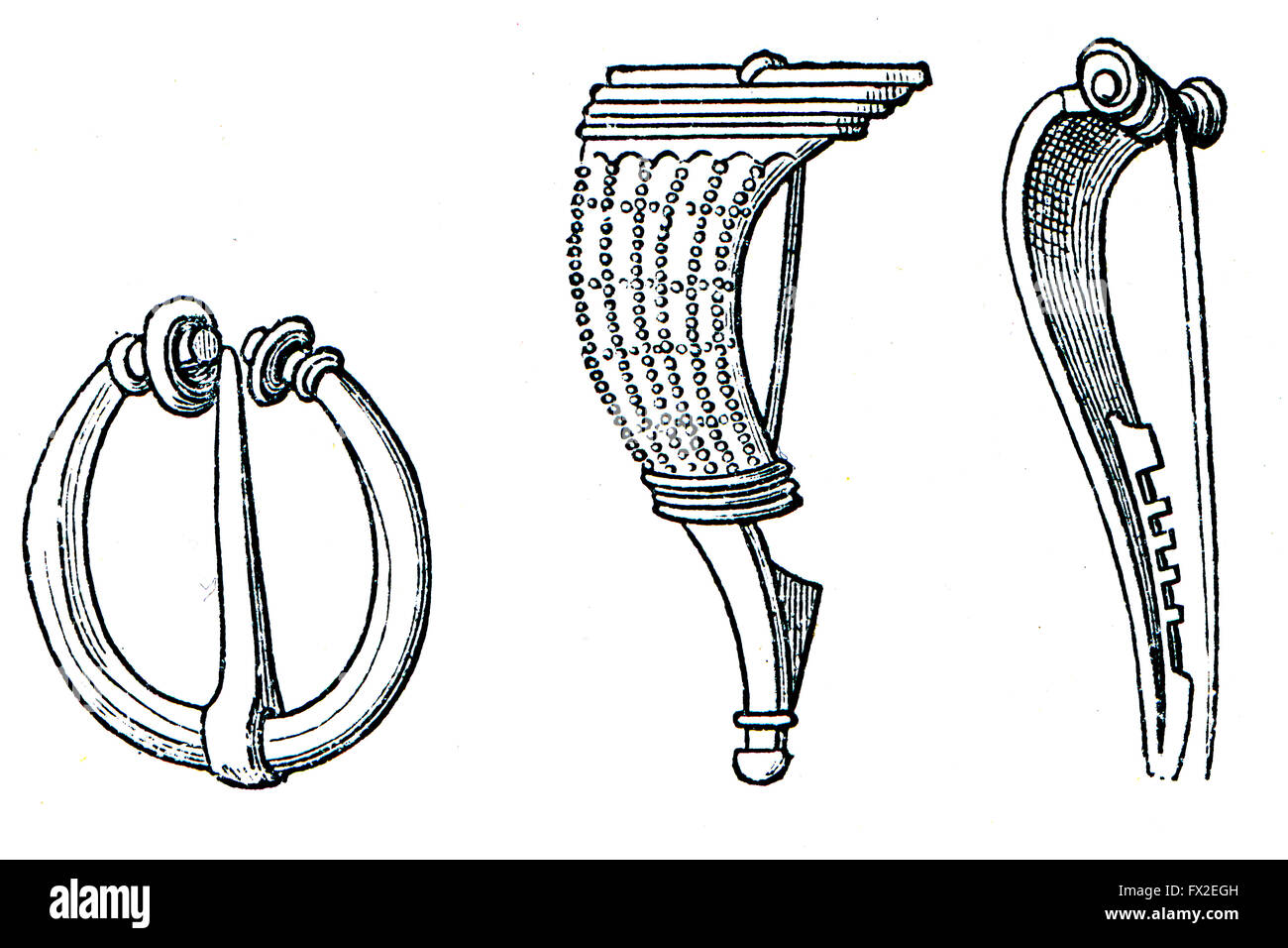 An antique Roman brooches - vintage engraved illustration - of the encyclopedia publishers Education, St. Petersburg, Russian Empire, 1896 Stock Photo