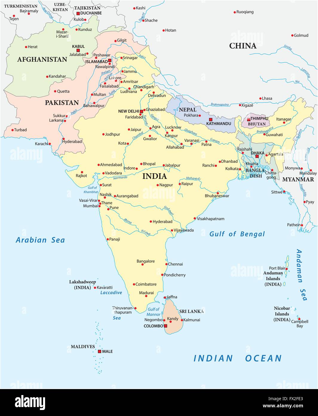 detailed vector map of south asia with the biggest cities Stock Vector