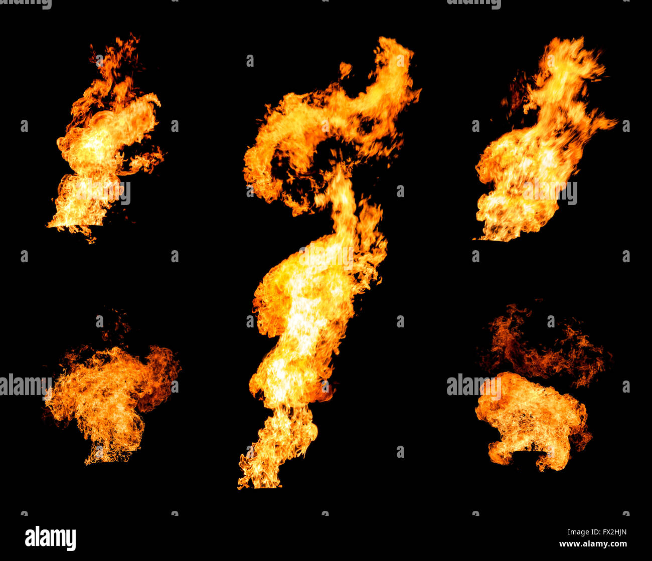 Collection of gas flare spurts of fire raging flame isolated on black photo set Stock Photo