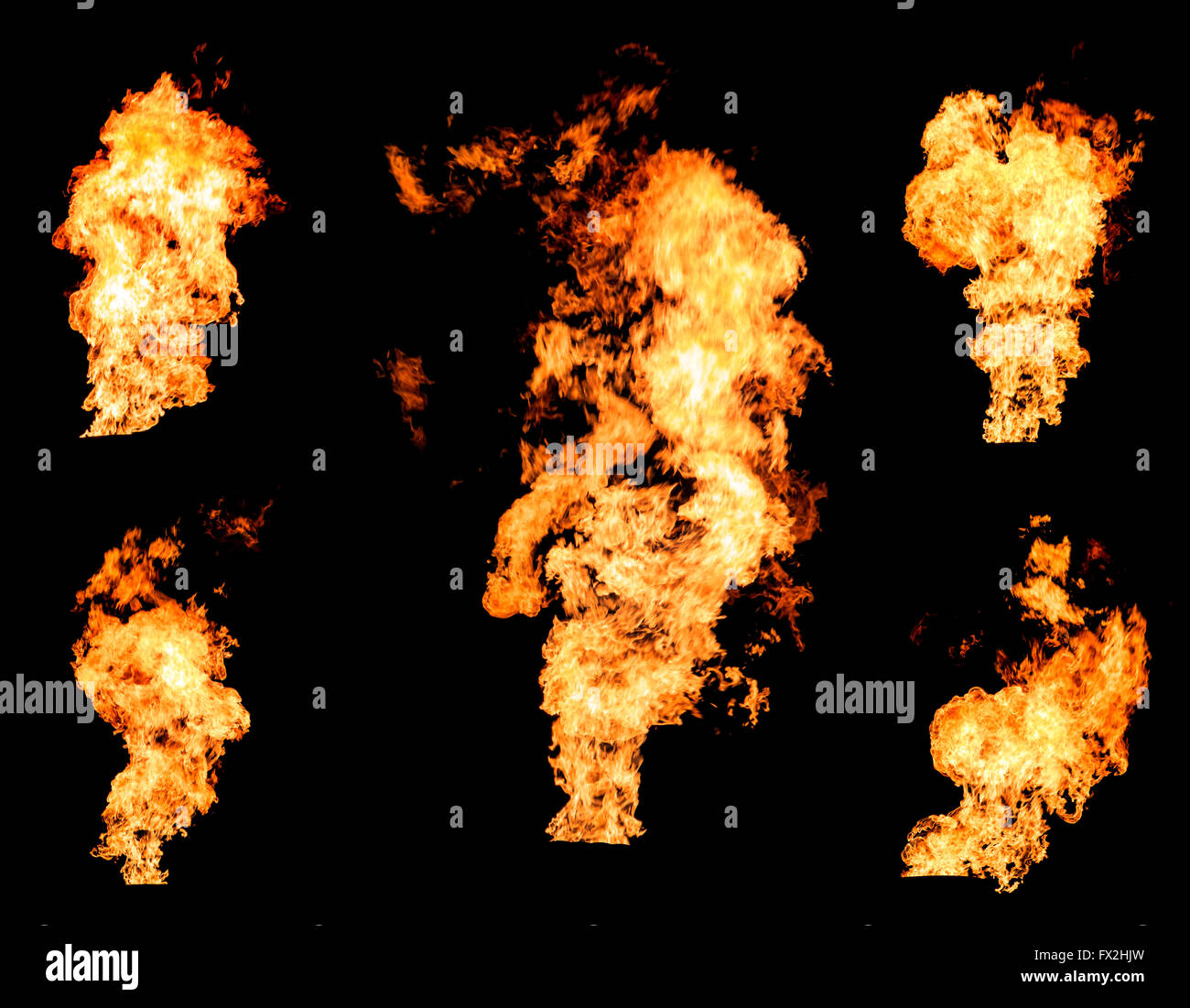 Blazing fire raging flame of burning gas or oil photo set isolated on black background Stock Photo