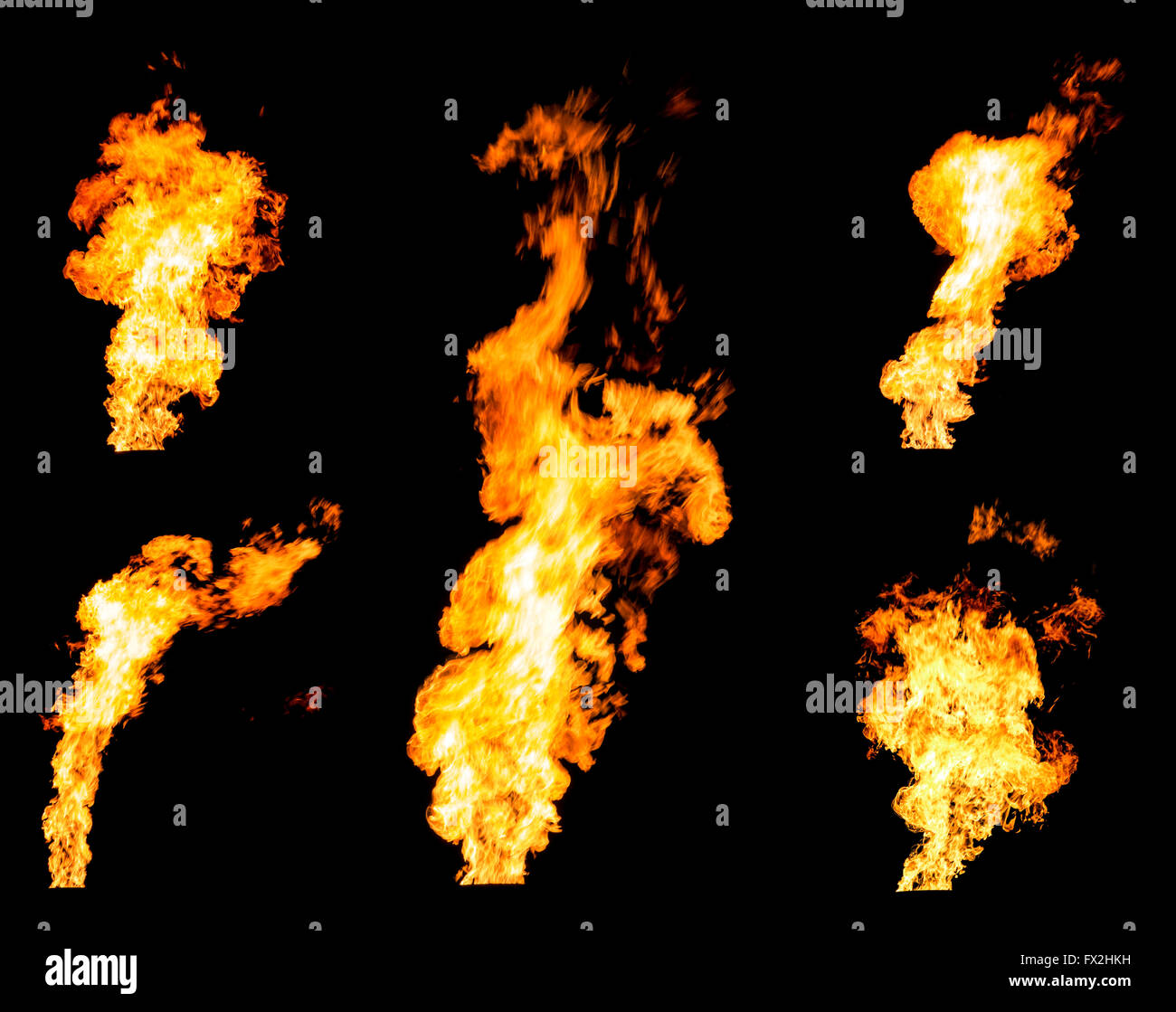 Set of gas flares blazing fire spurts and glowing flames photo set isolated on black background Stock Photo