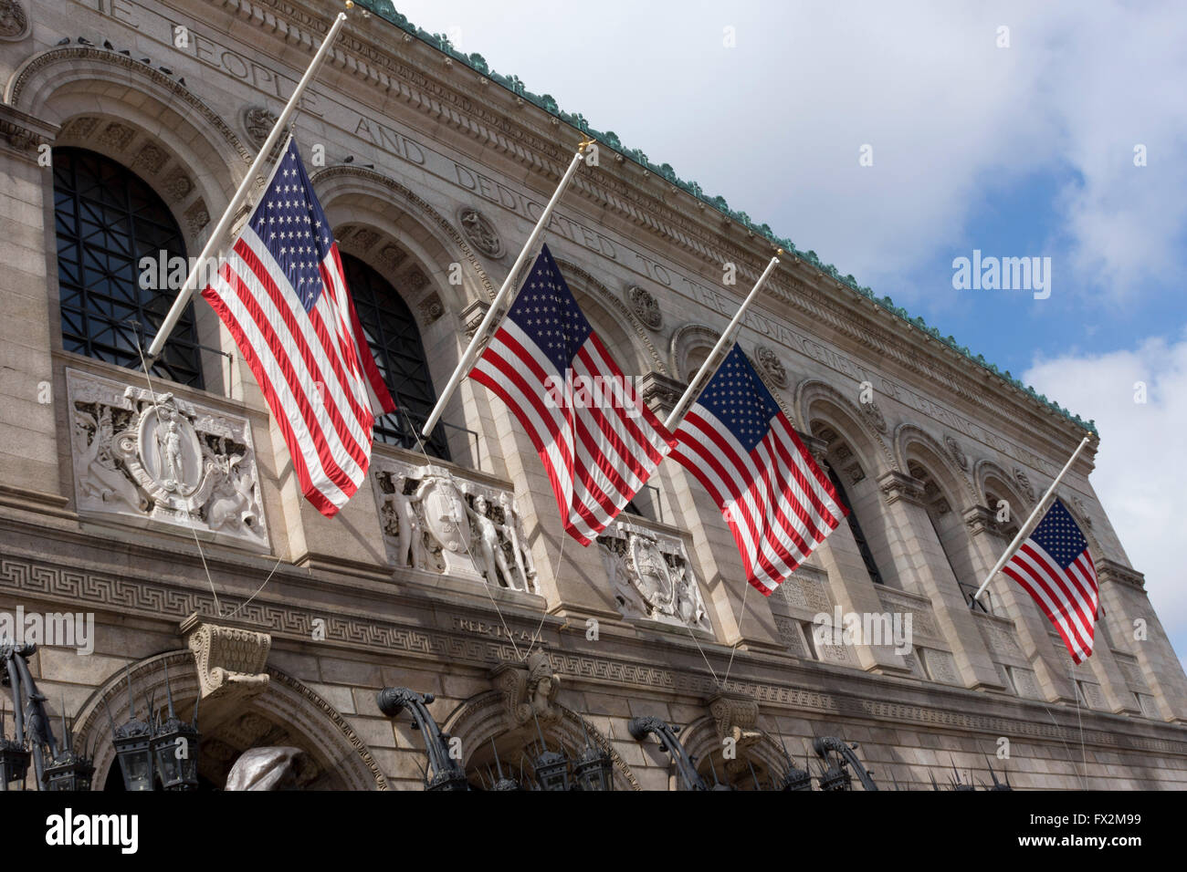 Flags on the facade of Boston, Public Library, Boston, Massachusetts, USA Stock Photo