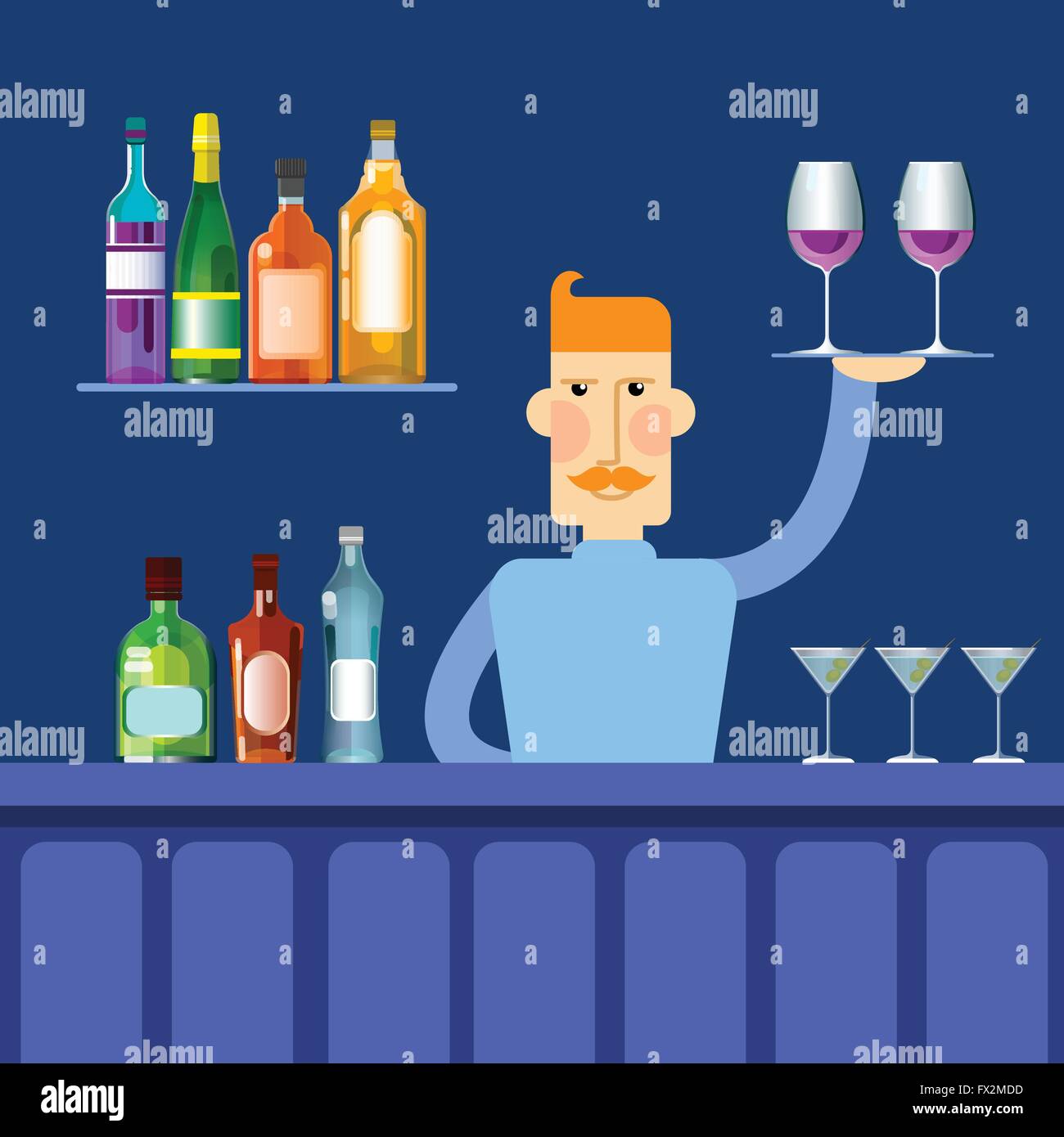 Bar Counter Barmen Hold Tray With Wine Glasses Alcohol Drink Bottle Set